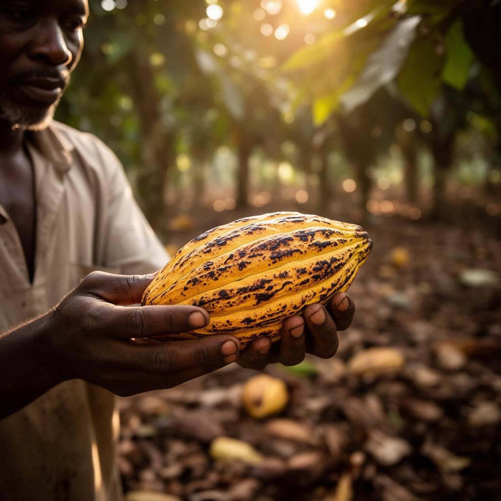 A Nigerian cocoa farmer holding a ripe yellow pod
