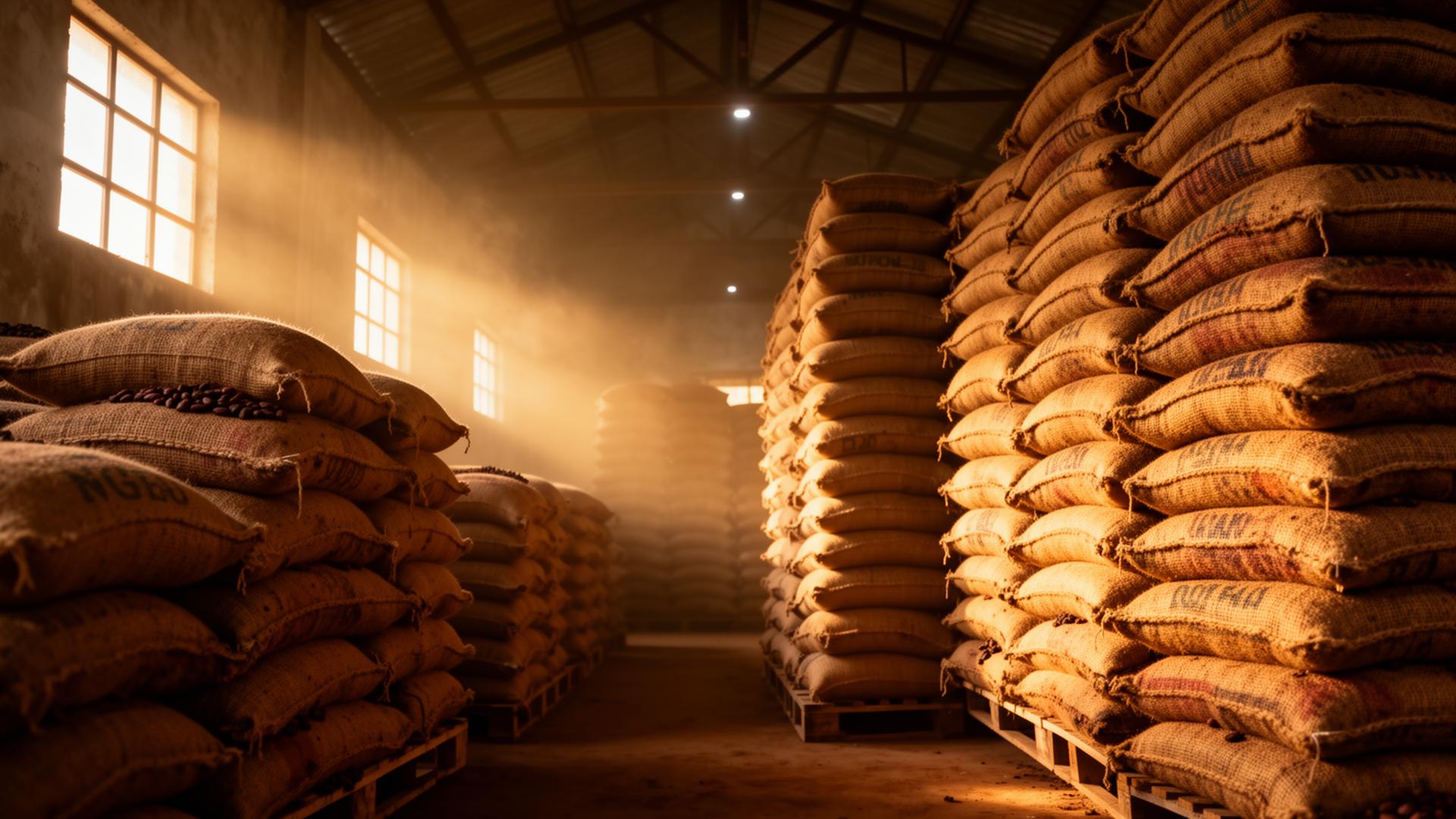 Stacked jute sacks of cocoa beans in a Nigerian warehouse